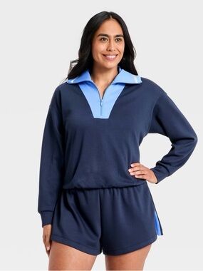 Airy Sleek Pique 1/2 Zip Bubble Hem Sweatshirt & Short Set *NWT